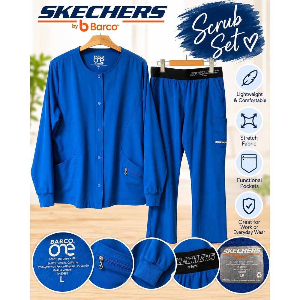 Skechers by Barco One Blue Scrub Set Top & Pants Size L Stretch Nursing Medical